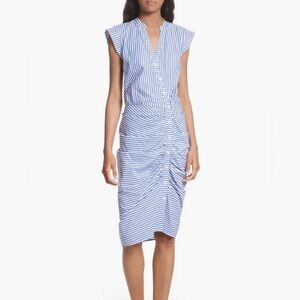 Veronica Beard Ruched Shirt Dress Blue White Stripe Size 0 Cotton Poplin